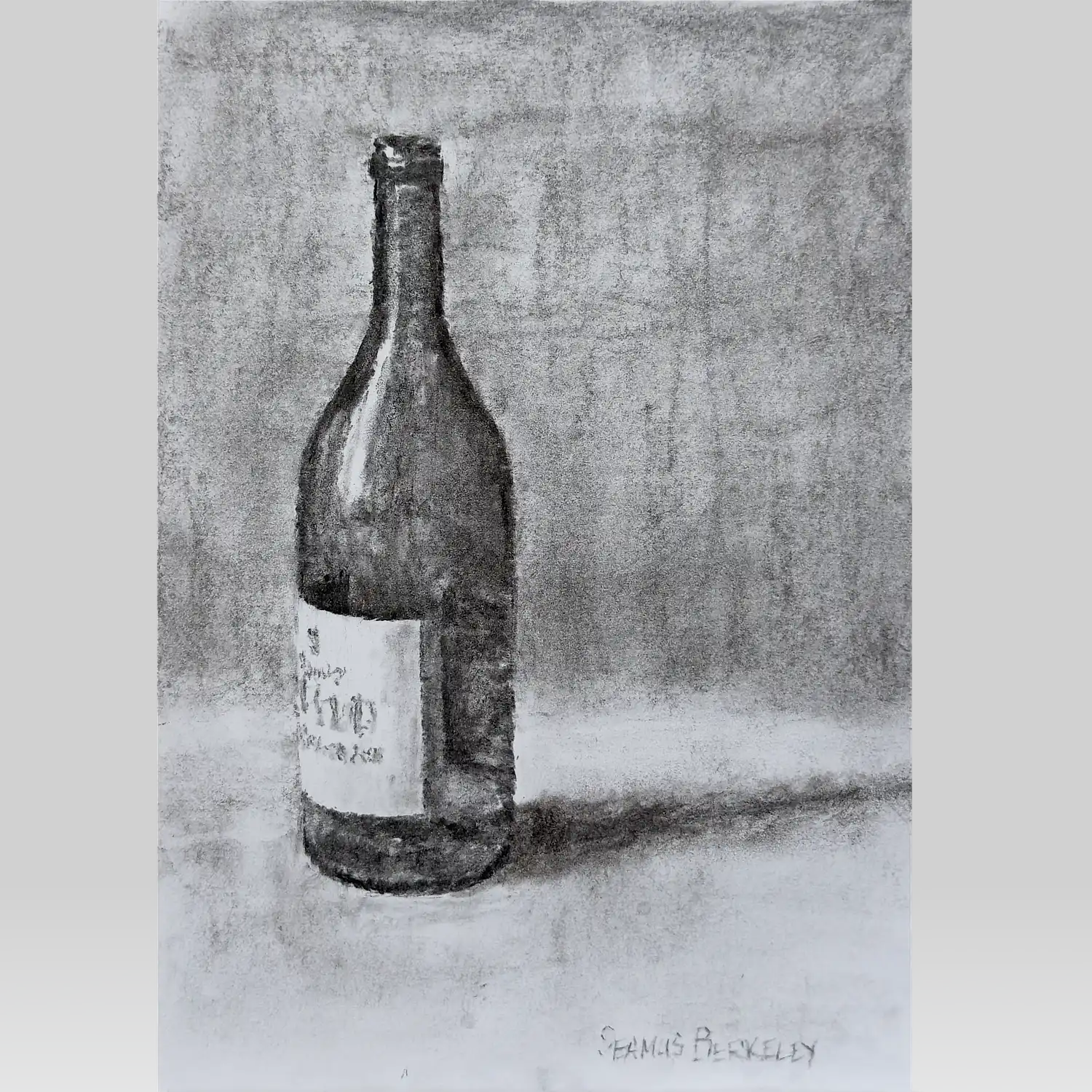 A charcoal drawing of one dark wine bottle on a white fabric with a grey background.