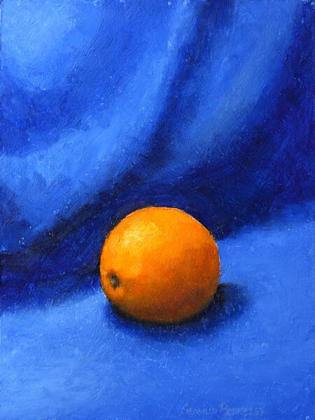 An oil painting of one orange brightly lit from the top left juxtaposed against a bright blue background.