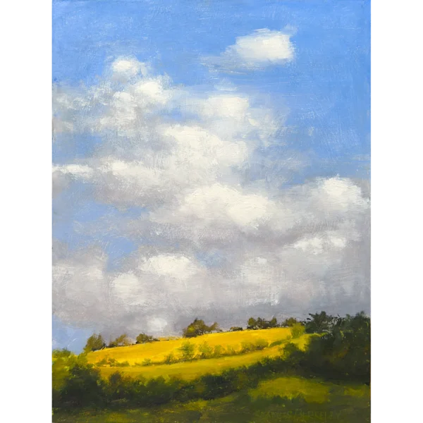 An oil painting of blue sky, white clouds, above a brightly lit field of yellow grain surrounded by dark green woods.