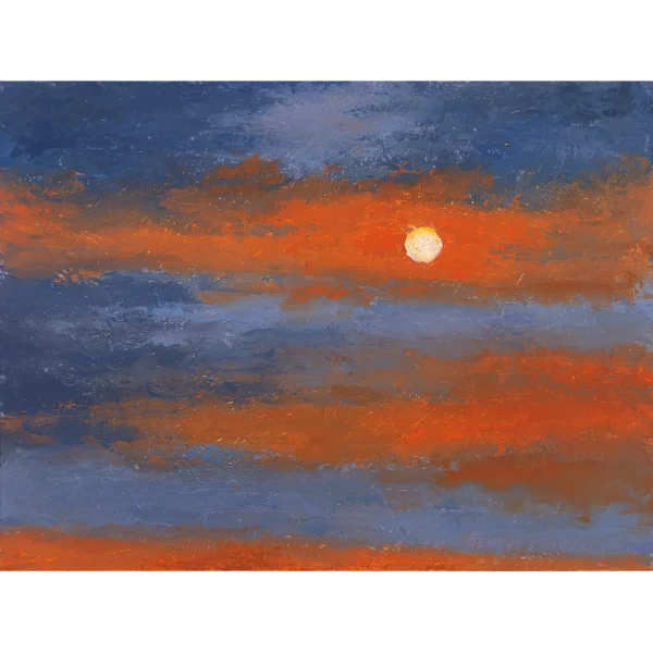 An oil painting of a bright full moon in a dark blue evening sky filled with orange and violet clouds..