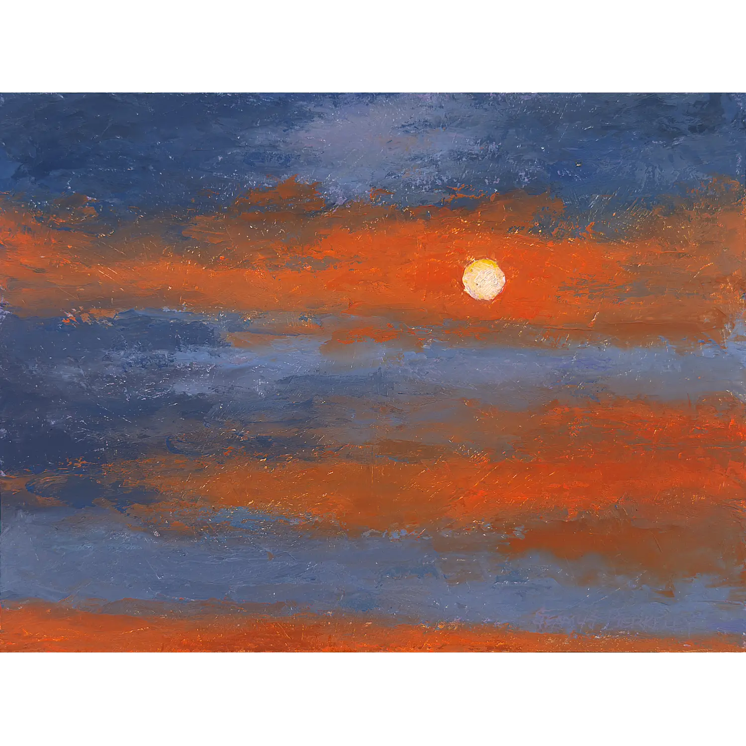 An oil painting of a bright full moon in a dark blue evening sky filled with orange and violet clouds..