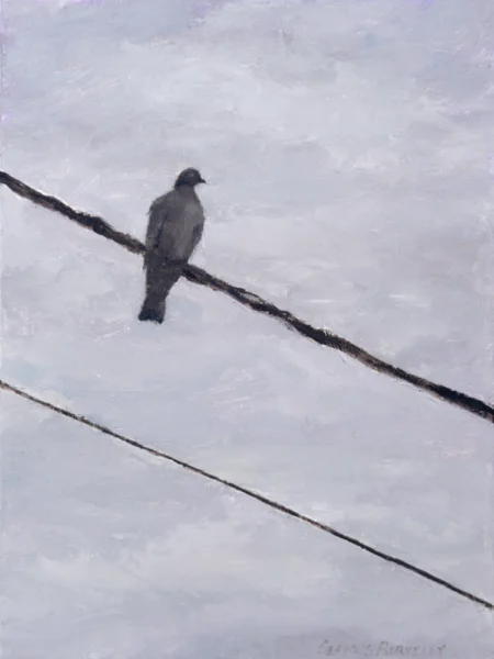 An oil painting of a pigeon perched high up on a wire set against a cloudy grey sky.