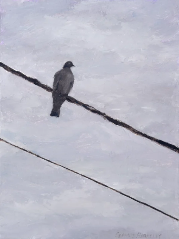 An oil painting of a pigeon perched high up on a wire set against a cloudy grey sky.
