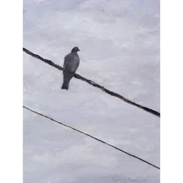 An oil painting of a pigeon perched high up on a wire set against a cloudy grey sky.