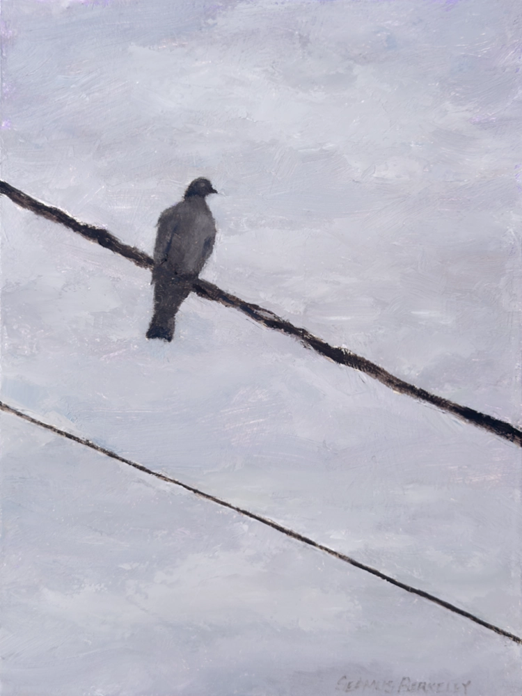 An oil painting of a pigeon perched high up on a wire set against a cloudy grey sky.